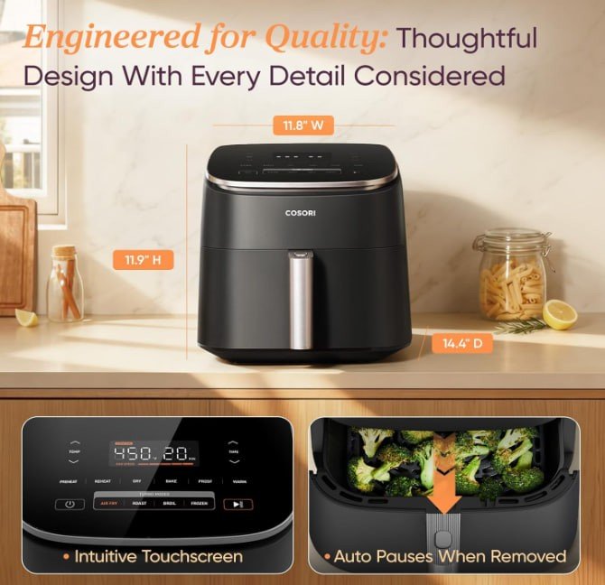 Cosori 9-in-1 TurboBlaze Air Fryer 6 Qt, PFAS-Free Ceramic Coating, 90°–450°F, Precise Heating for Even Results, Air Fry, Roast, Bake, Broil, Dry, Frozen,...